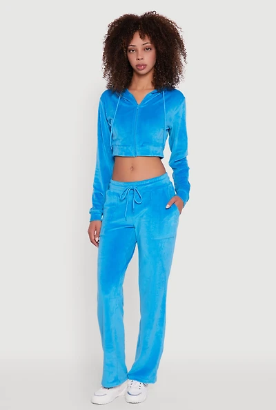 Womens Drawstring Waist Velour Wide Leg Sweatpants,