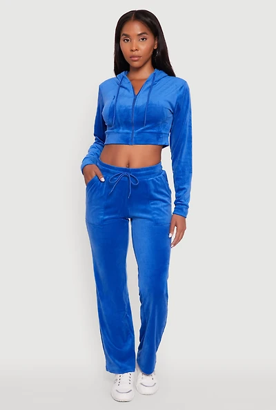Womens Drawstring Waist Velour Wide Leg Sweatpants,