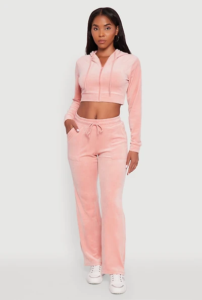 Drawstring Waist Velour Wide Leg Sweatpants