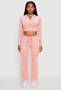 Drawstring Waist Velour Wide Leg Sweatpants