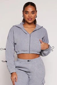 Womens Toggle Drawstring Cropped Zip Front Hoodie, Grey, Size M