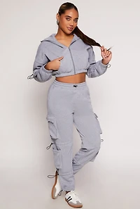 Womens Toggle Drawstring Cropped Zip Front Hoodie, Grey, Size M