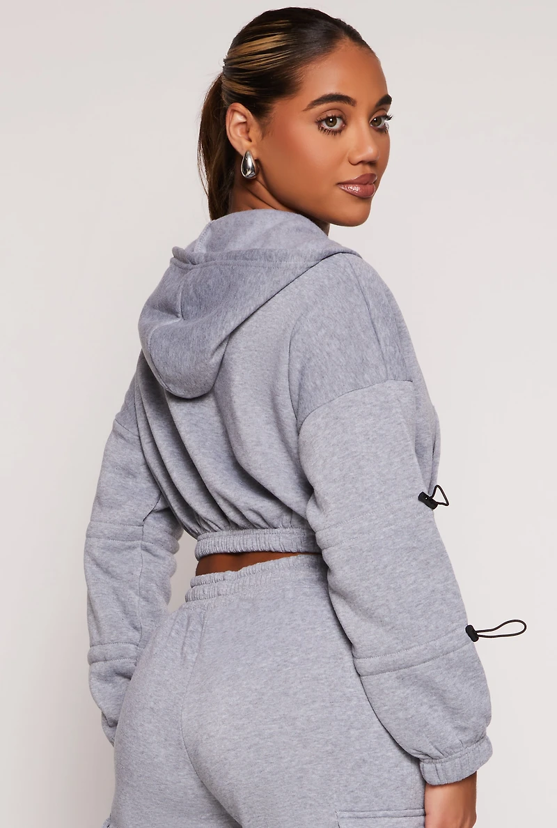 Womens Toggle Drawstring Cropped Zip Front Hoodie, Grey, Size M
