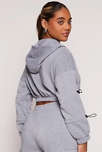 Womens Toggle Drawstring Cropped Zip Front Hoodie, Grey, Size M