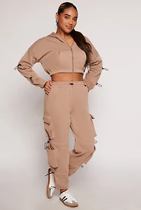 Womens Toggle Drawstring Cropped Zip Front Hoodie, Brown, Size M