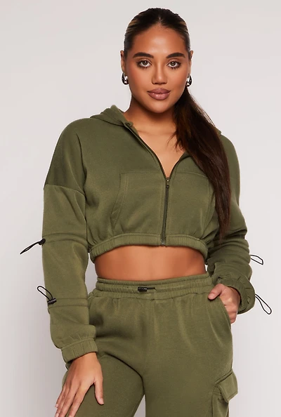 Womens Toggle Drawstring Cropped Zip Front Hoodie,