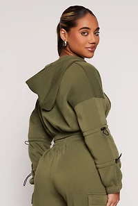 Womens Toggle Drawstring Cropped Zip Front Hoodie,
