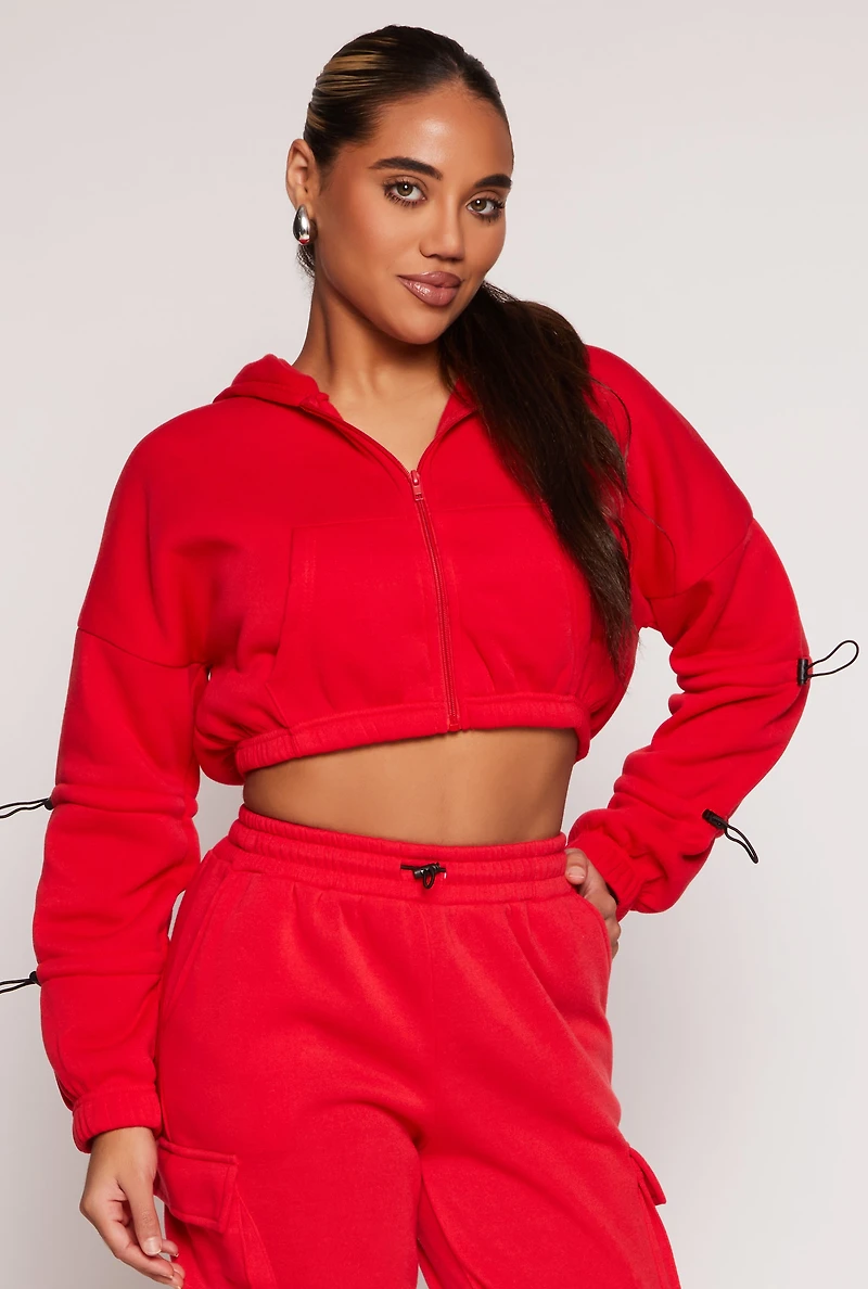 Toggle Drawstring Cropped Zip Front Hoodie