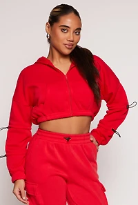 Toggle Drawstring Cropped Zip Front Hoodie