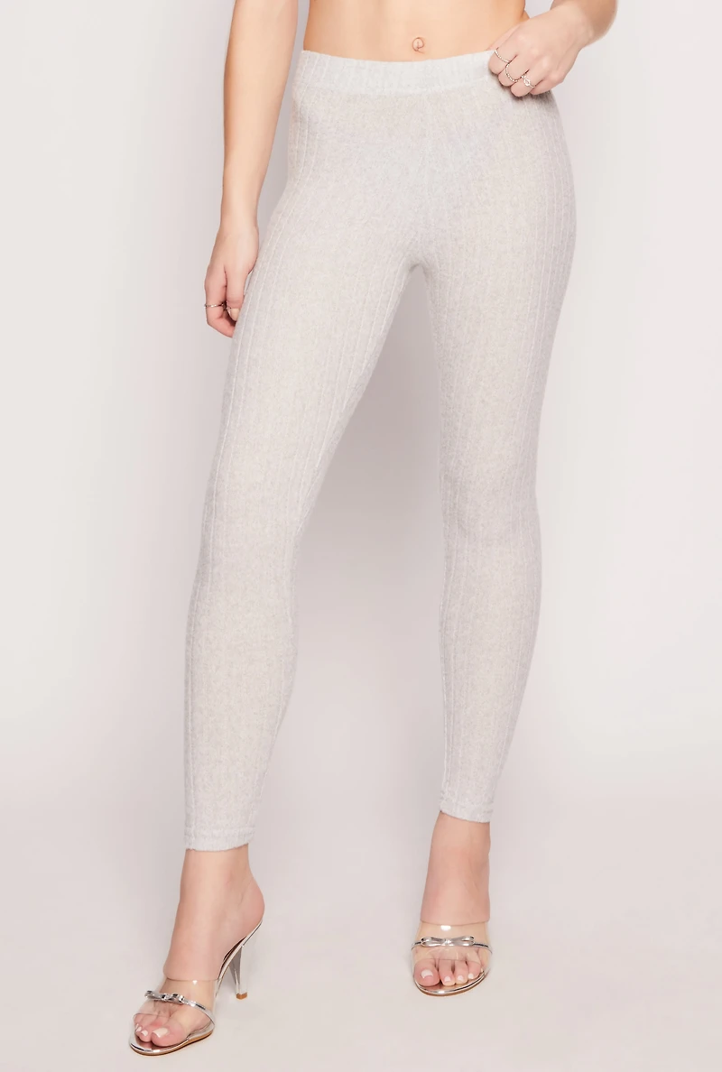 Womens Brushed Ribbed Knit Leggings, Grey, Size M