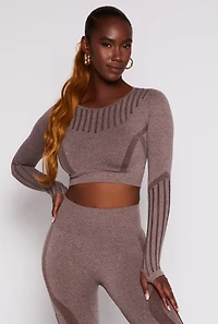 Womens Seamless Laser Cut Long Sleeve Crop Top, Brown, Size L