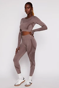 Womens Seamless Laser Cut Long Sleeve Crop Top, Brown, Size L