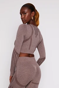 Womens Seamless Laser Cut Long Sleeve Crop Top, Brown, Size L