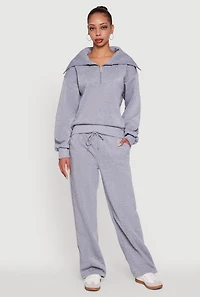 Womens Wide Leg Fleece Sweatpants with Pockets, Grey, Size M