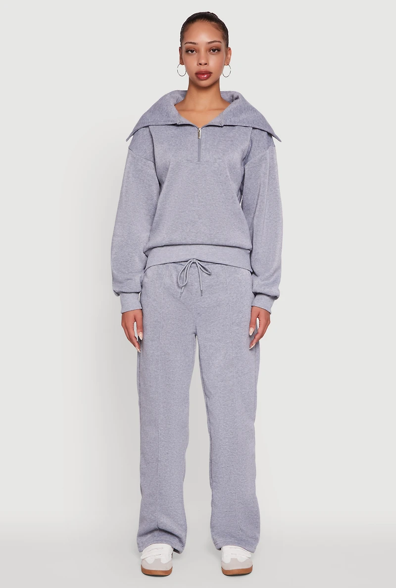 Womens Wide Leg Fleece Sweatpants with Pockets, Grey, Size M