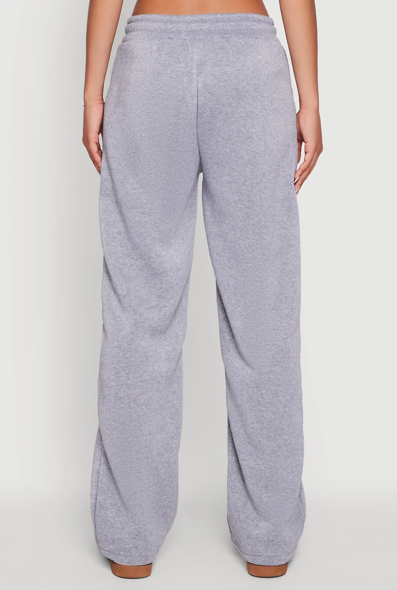 Womens Wide Leg Fleece Sweatpants with Pockets, Grey, Size M