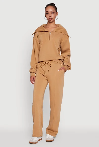 Womens Wide Leg Fleece Sweatpants with Pockets, Khaki, Size S