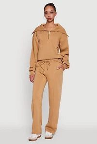 Womens Wide Leg Fleece Sweatpants with Pockets, Khaki, Size S