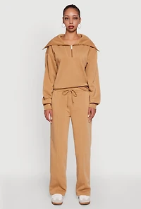 Womens Wide Leg Fleece Sweatpants with Pockets, Khaki, Size S