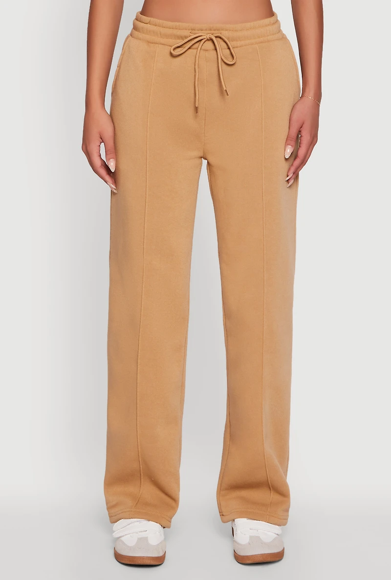 Womens Wide Leg Fleece Sweatpants with Pockets, Khaki, Size S