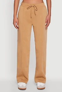 Womens Wide Leg Fleece Sweatpants with Pockets, Khaki, Size S