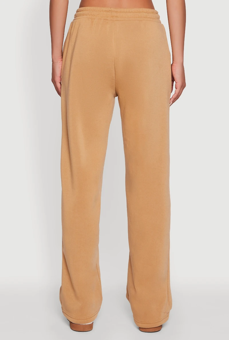 Womens Wide Leg Fleece Sweatpants with Pockets, Khaki, Size S