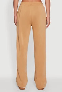 Womens Wide Leg Fleece Sweatpants with Pockets, Khaki, Size S