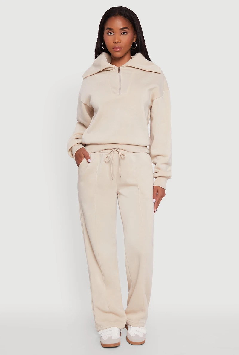 Womens Wide Leg Fleece Sweatpants with Pockets, Khaki, Size M