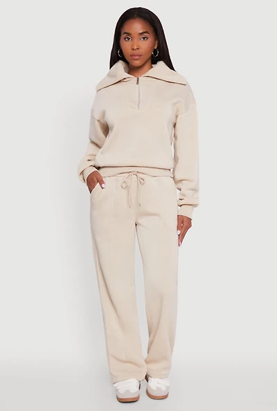 Womens Wide Leg Fleece Sweatpants with Pockets, Khaki, Size M