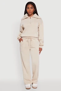 Womens Wide Leg Fleece Sweatpants with Pockets, Khaki, Size M