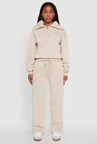 Womens Wide Leg Fleece Sweatpants with Pockets, Khaki, Size M