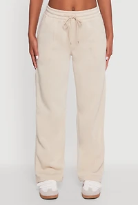 Womens Wide Leg Fleece Sweatpants with Pockets, Khaki, Size M
