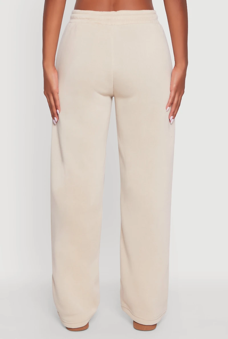 Womens Wide Leg Fleece Sweatpants with Pockets, Khaki, Size M