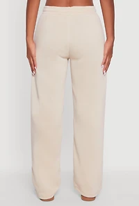 Womens Wide Leg Fleece Sweatpants with Pockets, Khaki, Size M