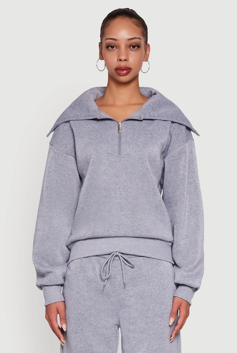Womens Fleece Collared Quarter Zip Pullover Sweatshirt, Grey, Size S