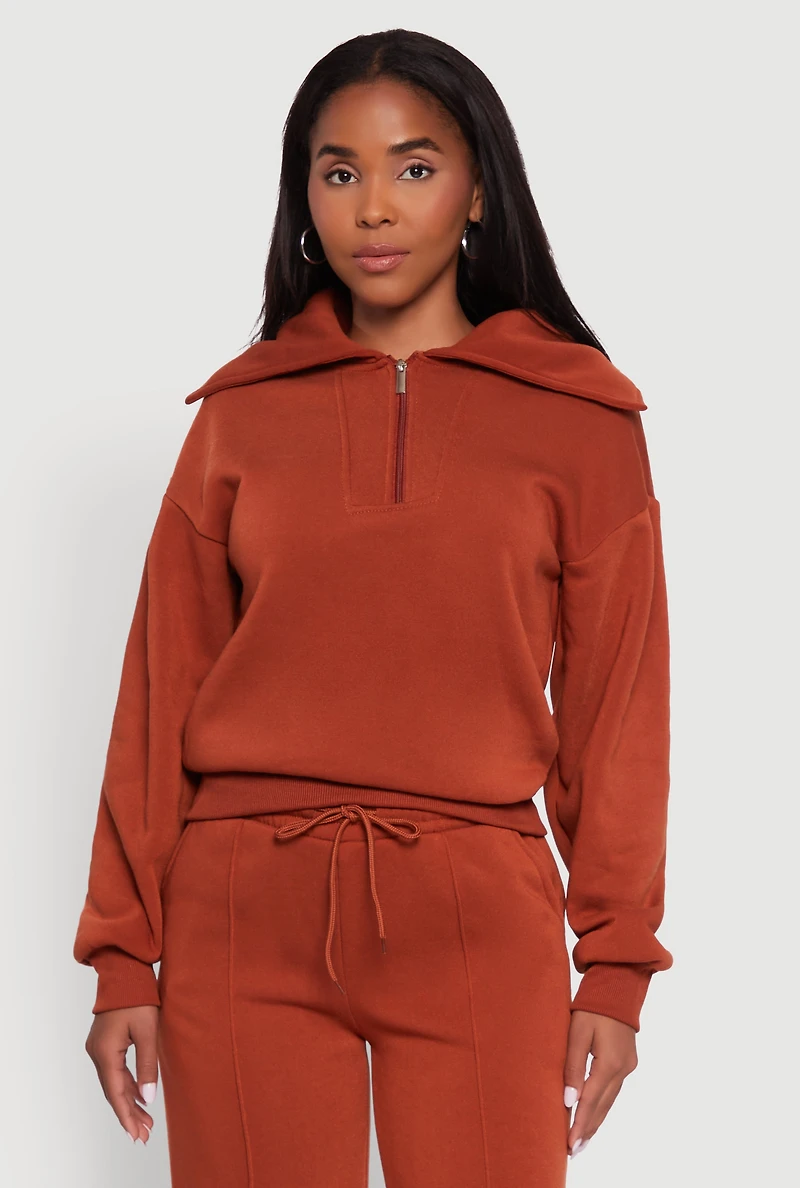 Womens Fleece Collared Quarter Zip Pullover Sweatshirt, Brown, Size XL
