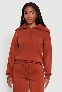 Womens Fleece Collared Quarter Zip Pullover Sweatshirt, Brown, Size XL