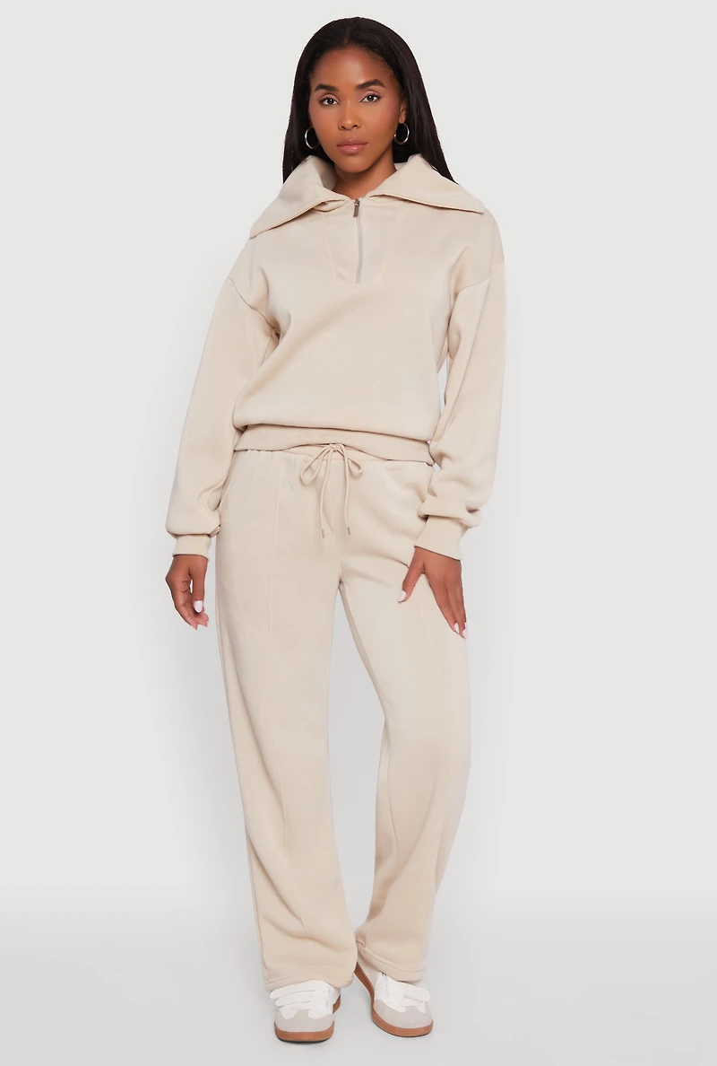 Womens Fleece Collared Quarter Zip Pullover Sweatshirt, Beige, Size S