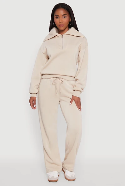 Womens Fleece Collared Quarter Zip Pullover Sweatshirt, Beige, Size S