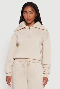 Womens Fleece Collared Quarter Zip Pullover Sweatshirt, Beige, Size S