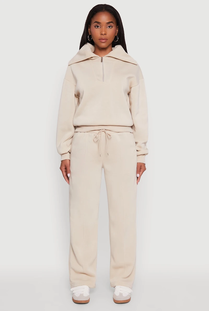 Womens Fleece Collared Quarter Zip Pullover Sweatshirt, Beige, Size S