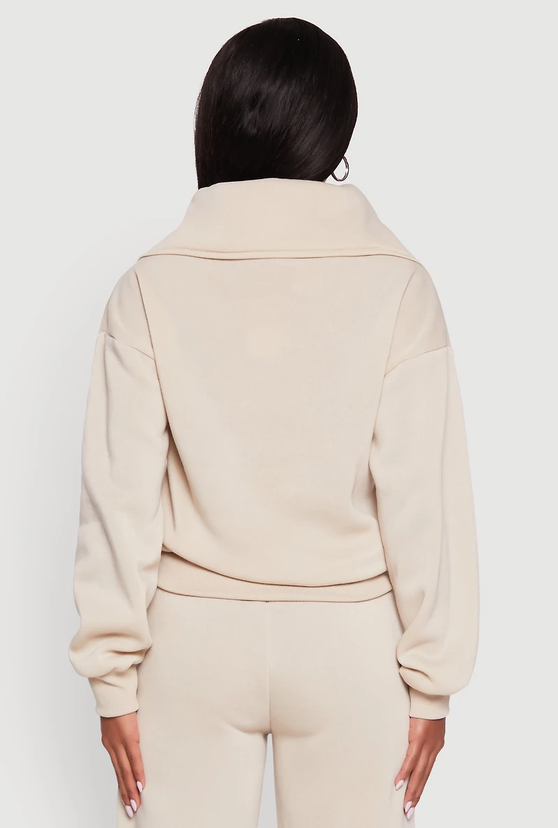 Womens Fleece Collared Quarter Zip Pullover Sweatshirt, Beige, Size S