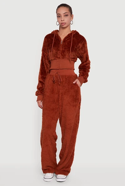 Faux Fur Drawstring Waist Wide Leg Sweatpants