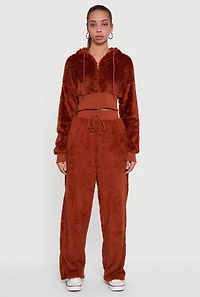 Faux Fur Drawstring Waist Wide Leg Sweatpants