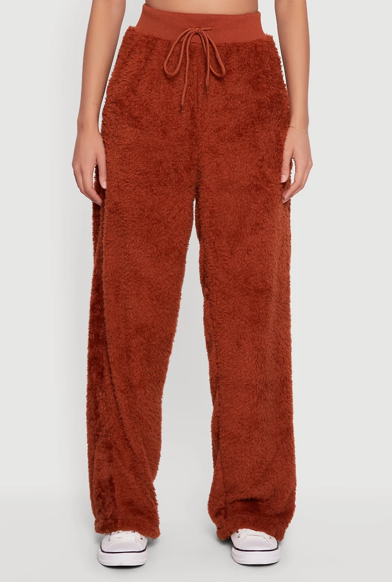 Faux Fur Drawstring Waist Wide Leg Sweatpants