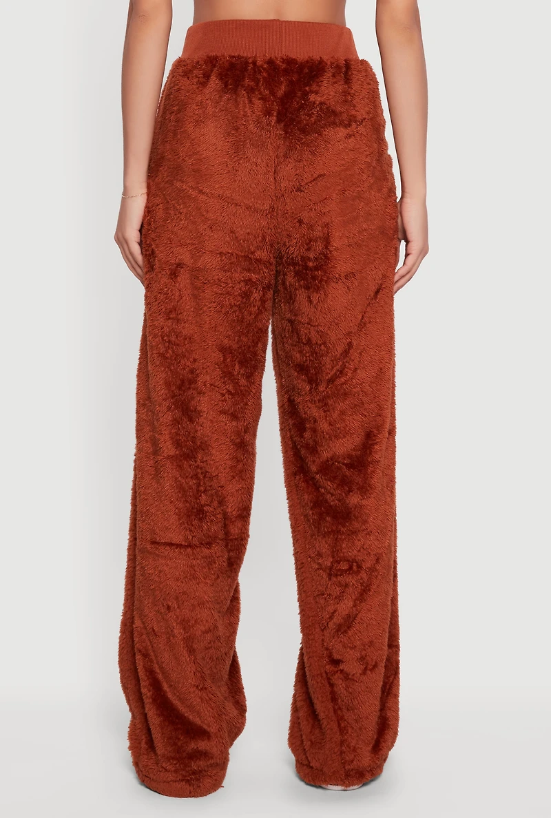 Womens Faux Fur Drawstring Waist Wide Leg Sweatpants, Brown, Size S