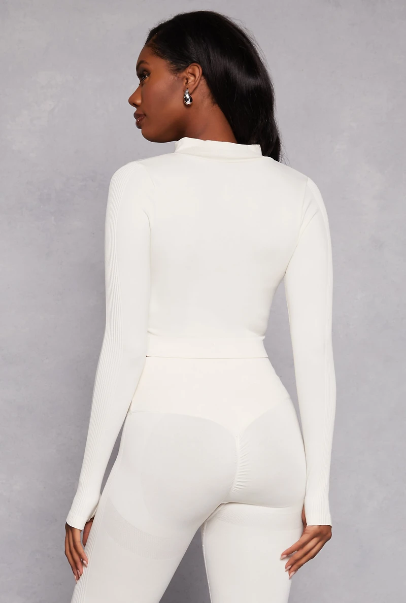 Seamless Ribbed Knit Zip Front Crop Top