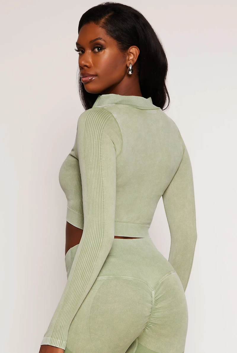 Womens Seamless Ribbed Knit Zip Front Crop Top, Green, Size S