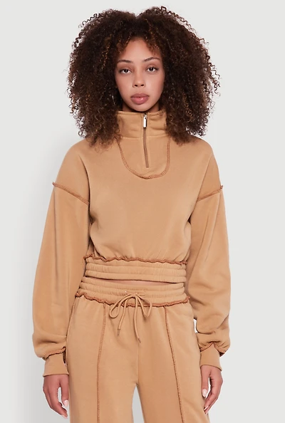 Womens Mock Neck Half Zip Cropped Pullover Sweatshirt,