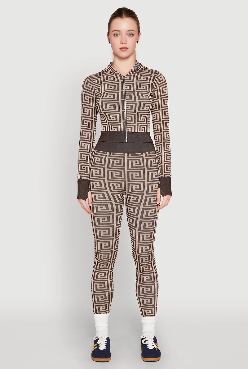 Color Block Greek Key Print Zip Front Hoodie